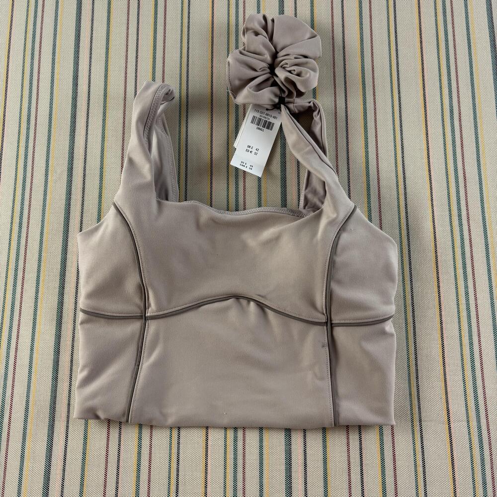 YPB Sports Bra Womens Small Taupe Square Neck Athletic Crop Top Scrunchie NWT